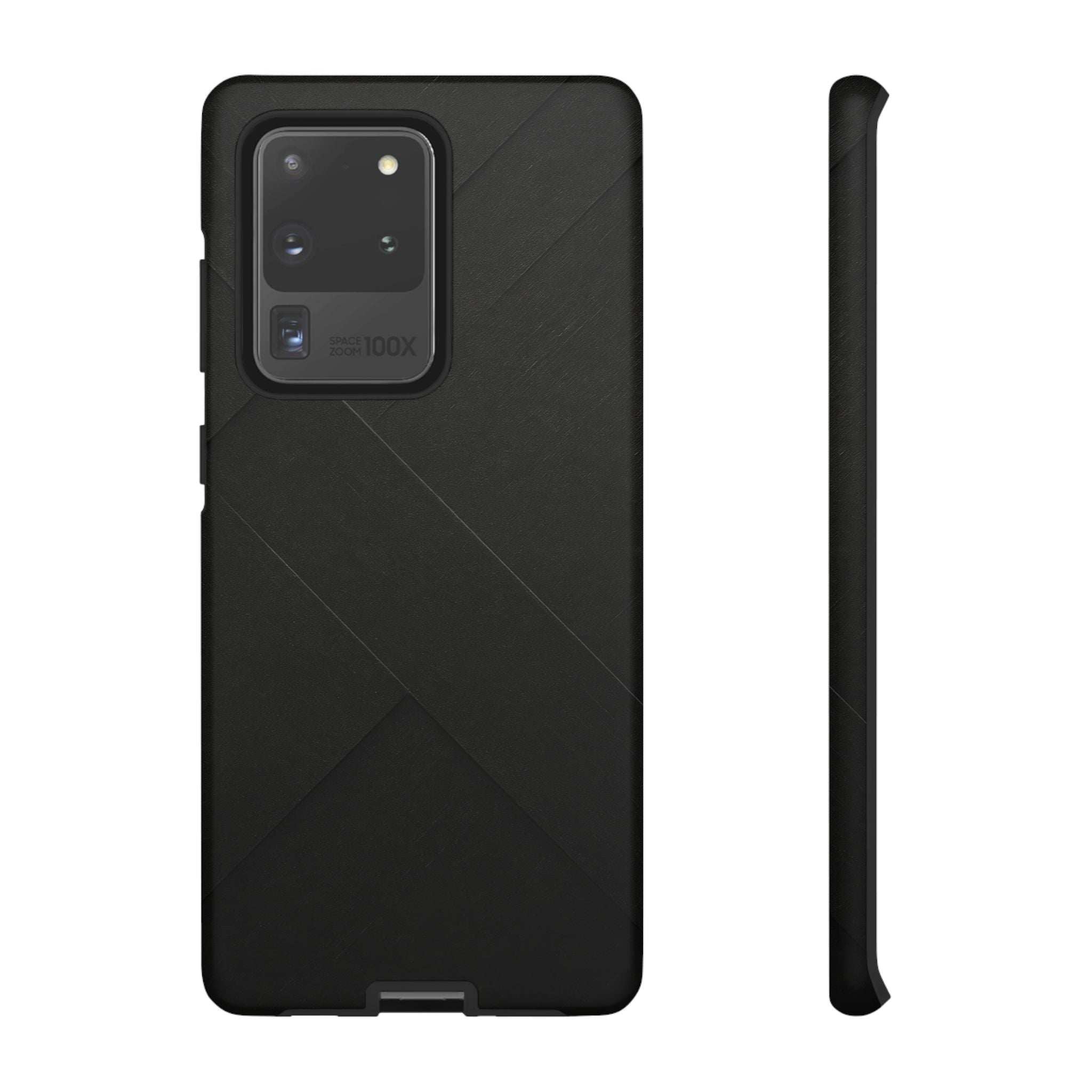 Matte black phone case with diagonal line design and camera lens cutout