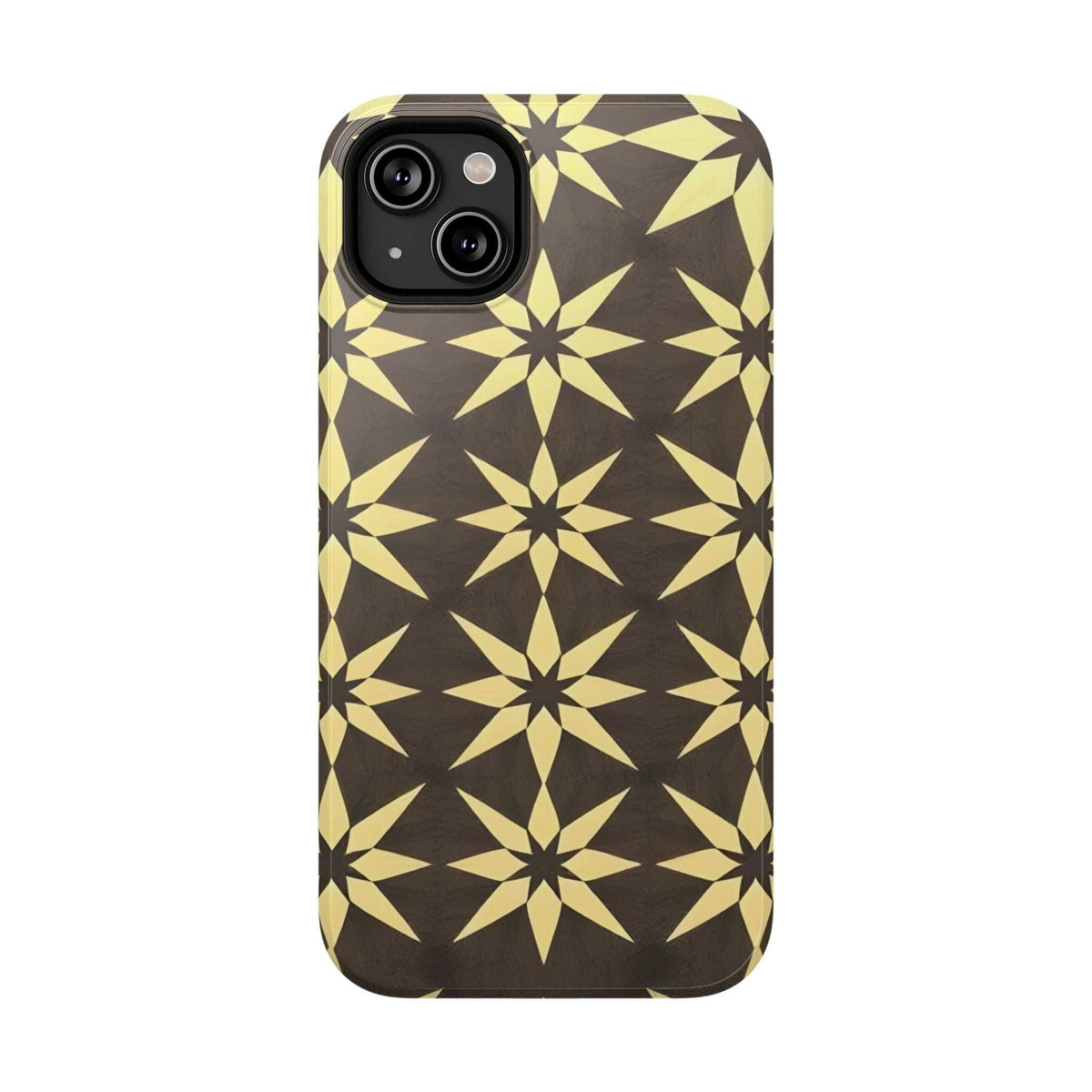 Black and gold star geometric phone case with dual camera cutouts