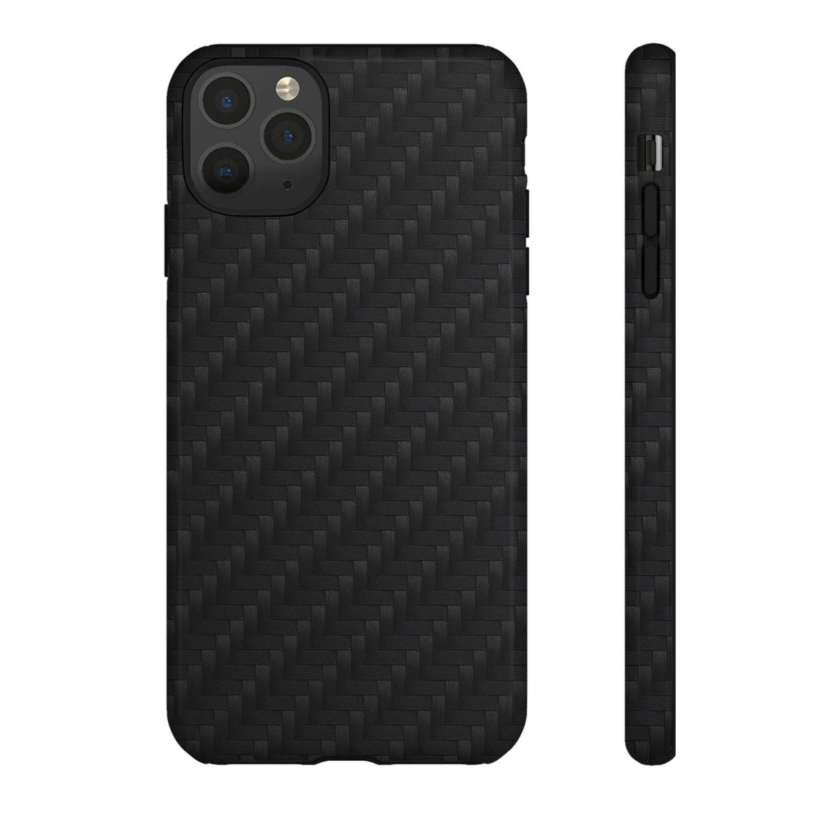 Black carbon fiber phone case with camera cutout, glossy finish, front view