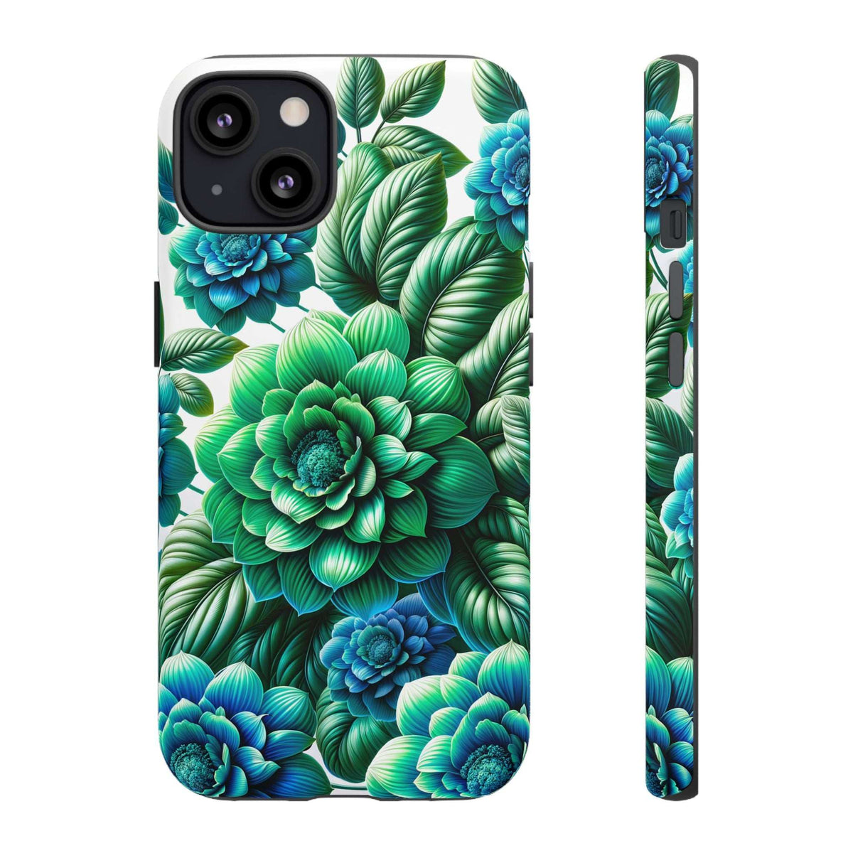 Green & blue floral phone case with layered blossoms and leaves, side view included
