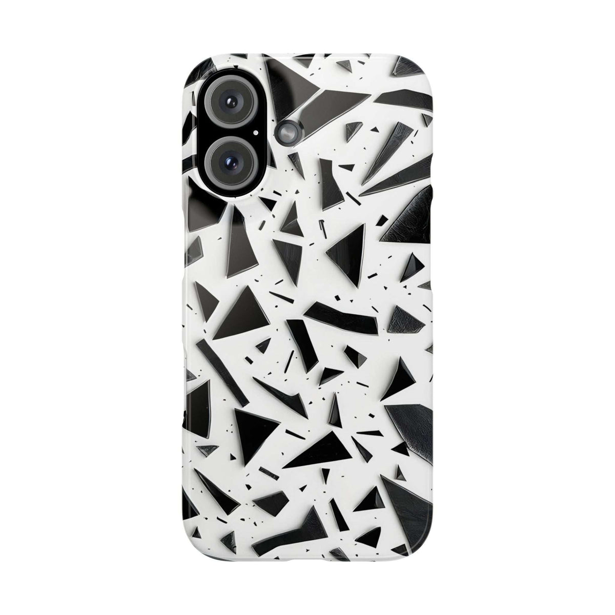 iPhone slim phone case with white and black abstract design, top corner view