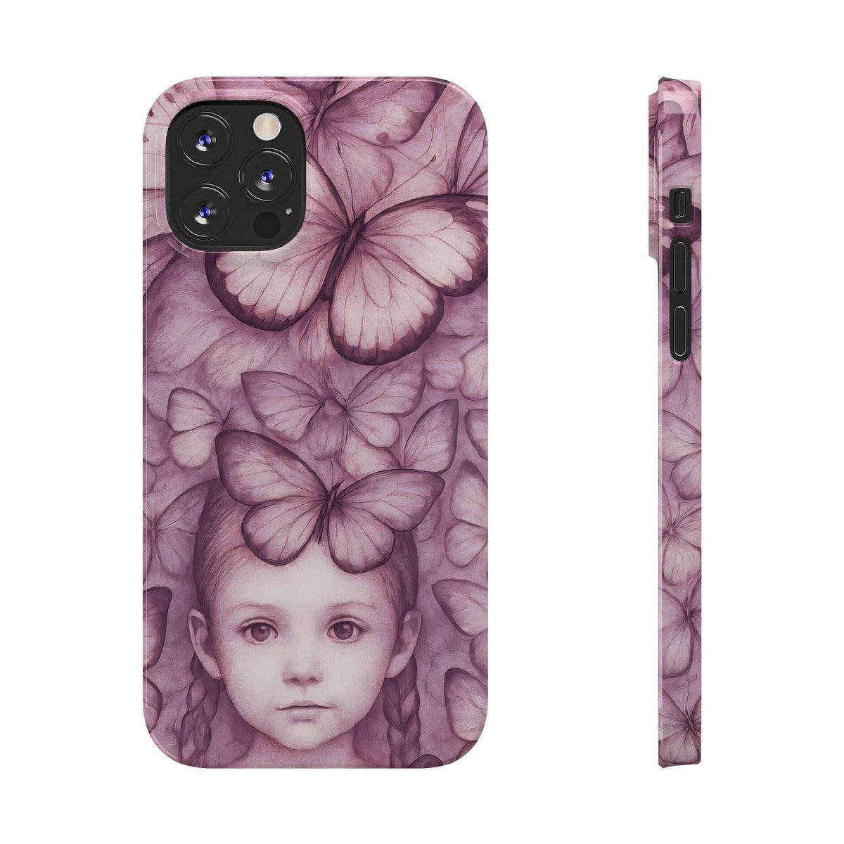 Purple butterfly-and-girl phone case showing back design and camera cutouts.
