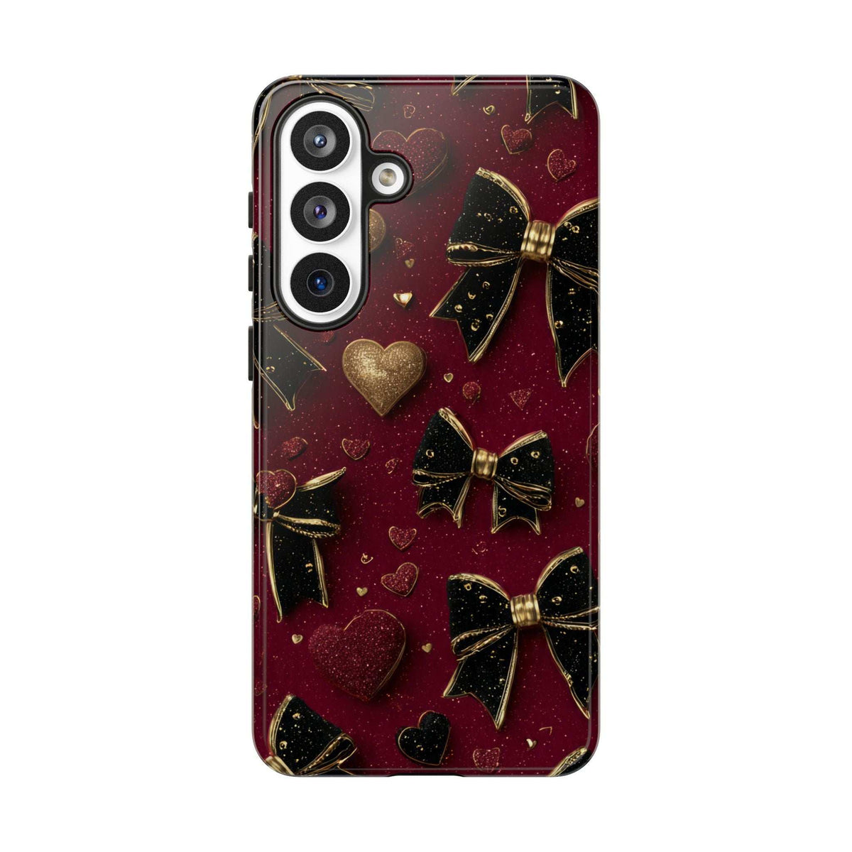 Valentine charm phone case back view; burgundy hearts with gold bows and camera cutouts