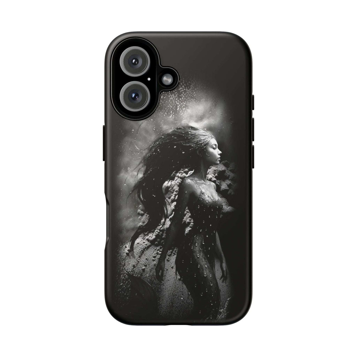 Monochrome mermaid phone case, black, front view with rounded corners and camera cutouts