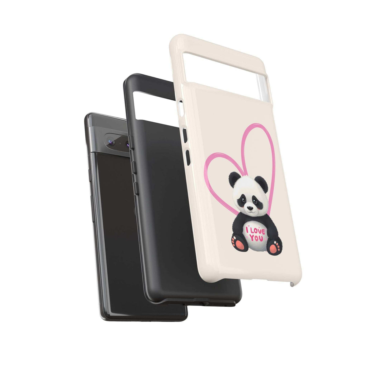 Panda heart phone case shown next to a dark and clear phone case