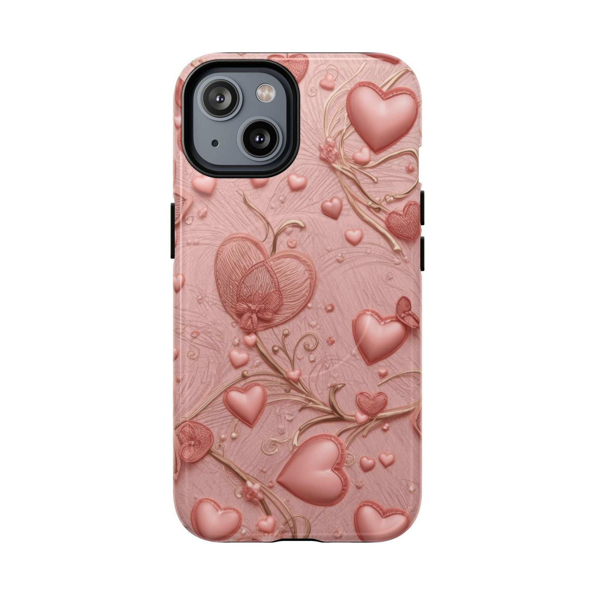 Pink phone case for iPhone with 3D heart and floral pattern; camera and flash cutouts