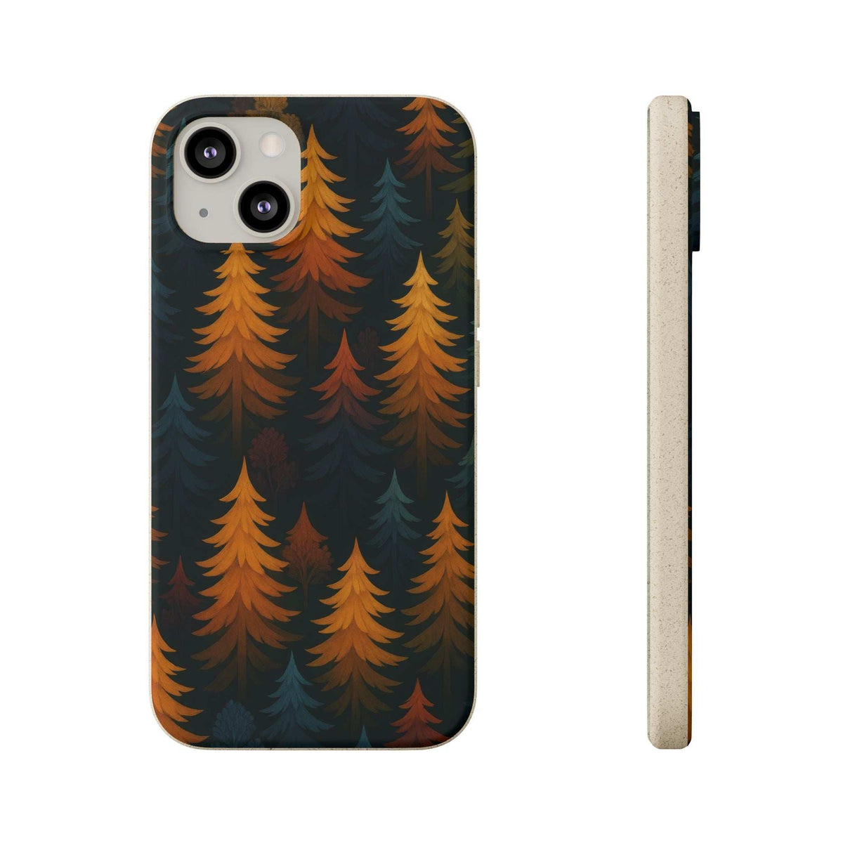 Biodegradable phone case with dark forest tree pattern in orange and teal; camera cutouts