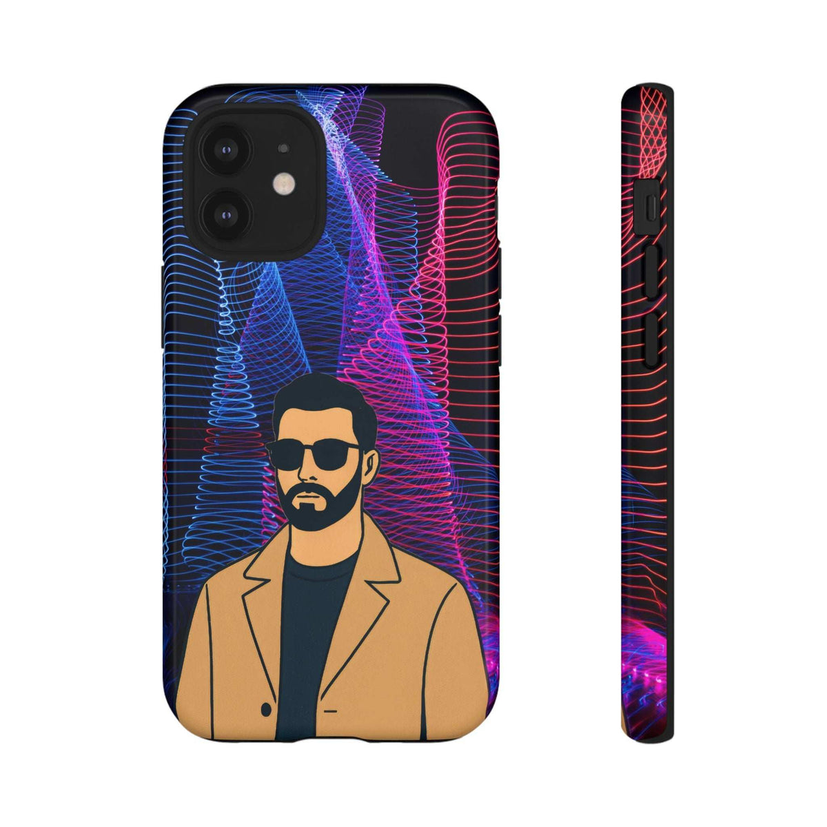 Glossy phone case with bearded man illustration and neon blue plus pink line background