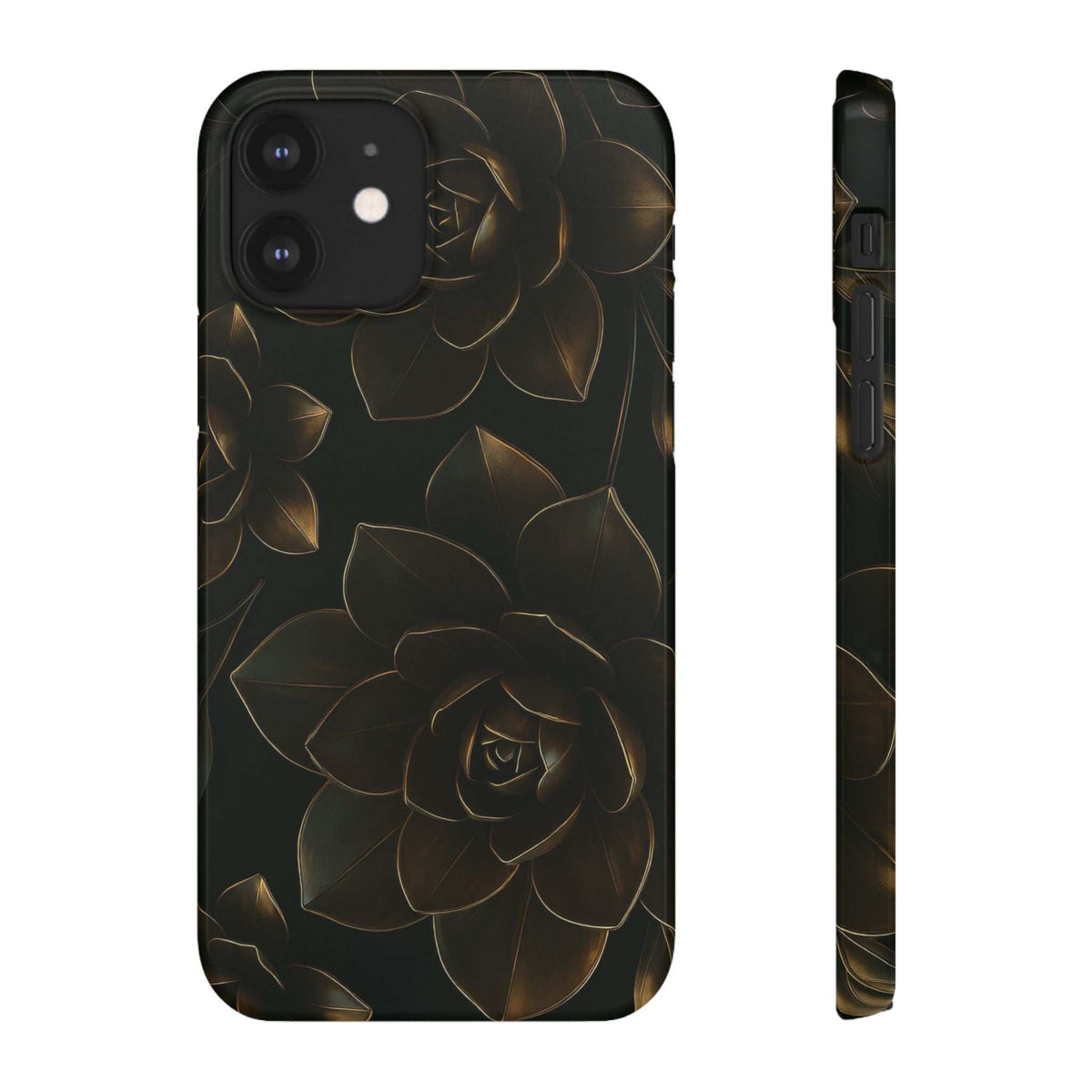 Black glossy phone case with gold rose and leaf pattern; raised camera cutouts