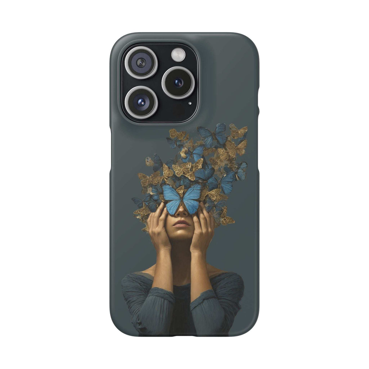 Dark gray phone case with blue-and-gold butterfly face artwork, camera cutouts