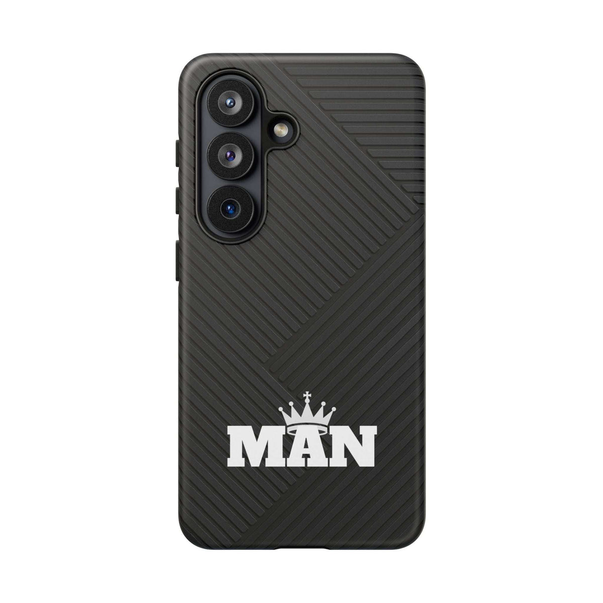 Black MAN logo phone case with raised camera rings and textured diagonal lines