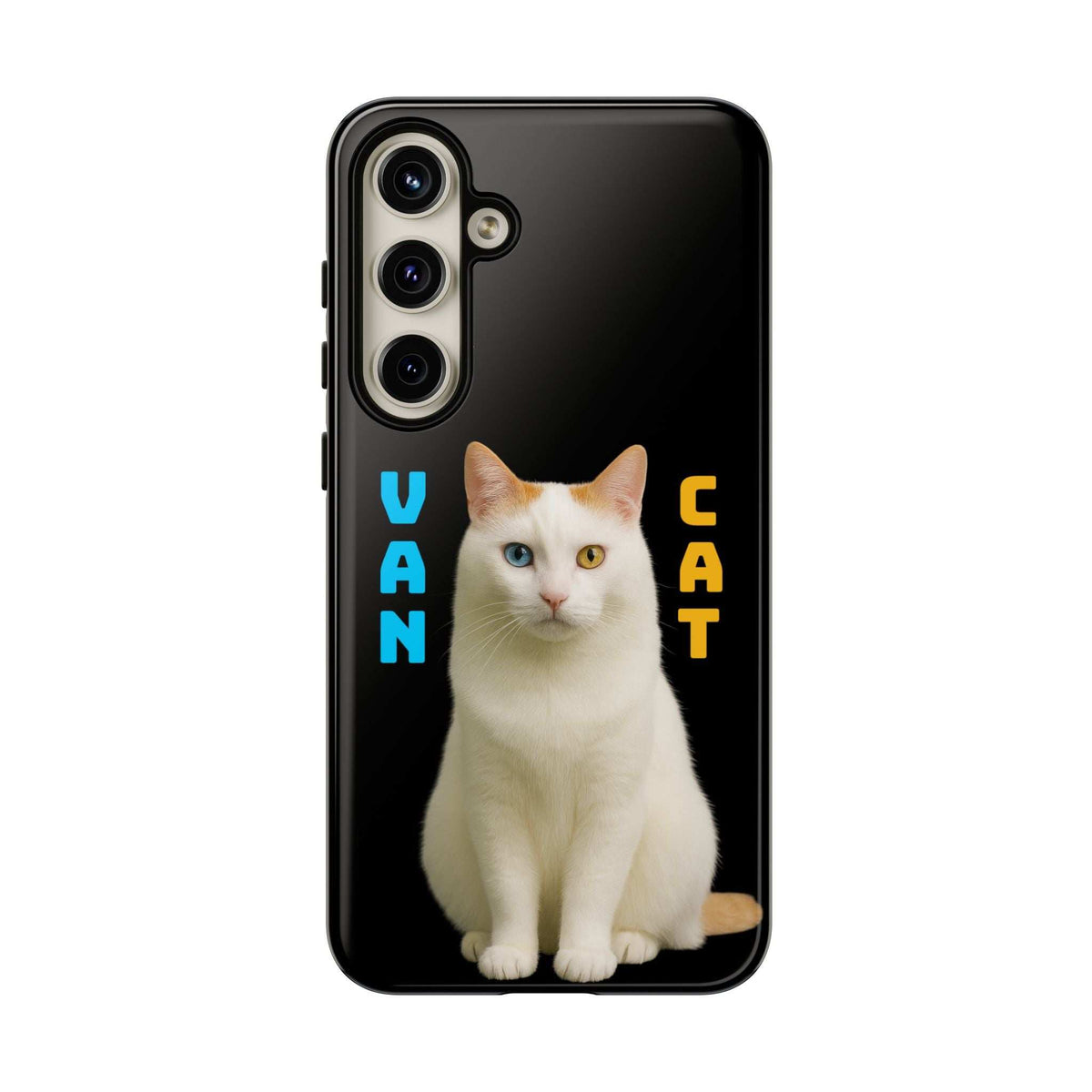 Glossy black phone case with white cat graphic, camera cutouts, and side buttons (front).