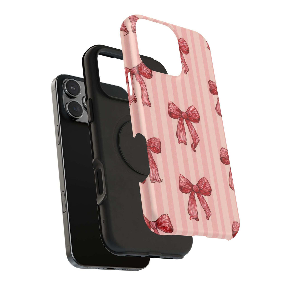 Pink phone case with red bow and stripe pattern; raised transparent bumper detail.