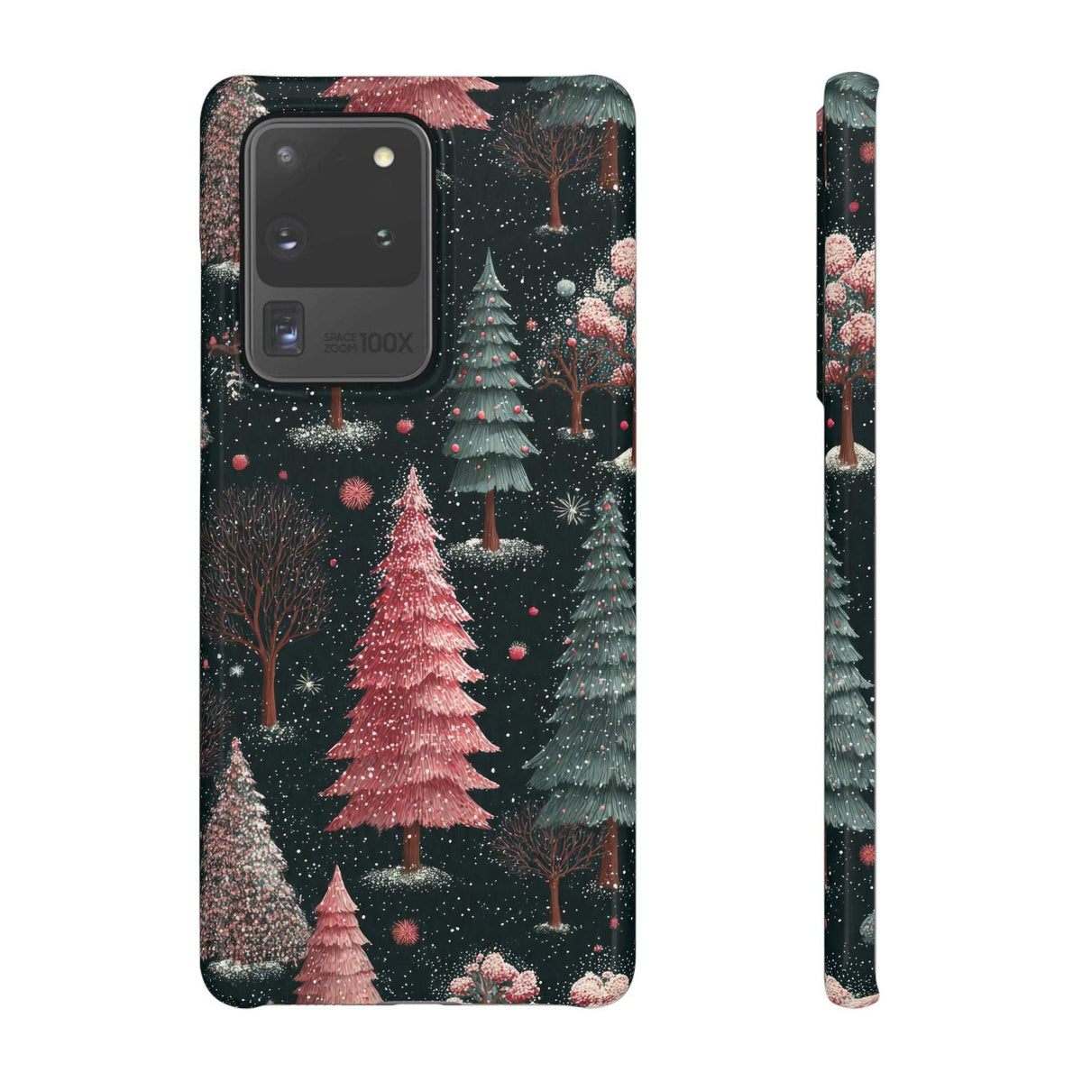 Winter forest phone case back with tree pattern and snow specks; side edge displayed.