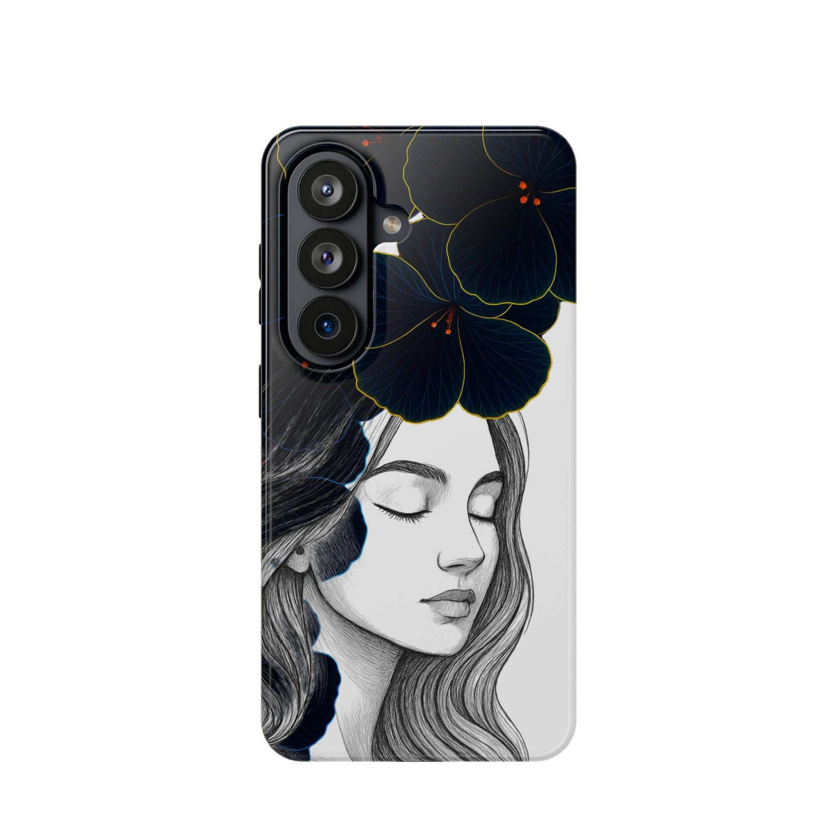 Dark floral phone case featuring woman portrait with navy flower illustration, back view