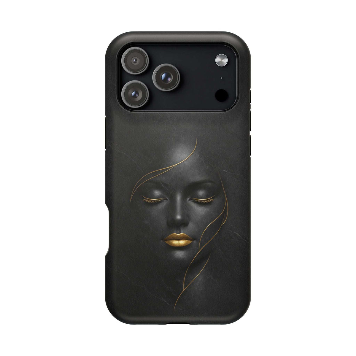 Black smartphone case with gold face design and openings for multi-lens camera module