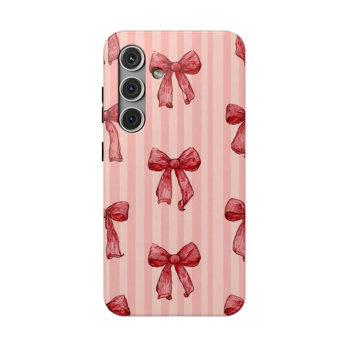 Pink phone case with red bow stripe pattern; side buttons and three camera cutouts