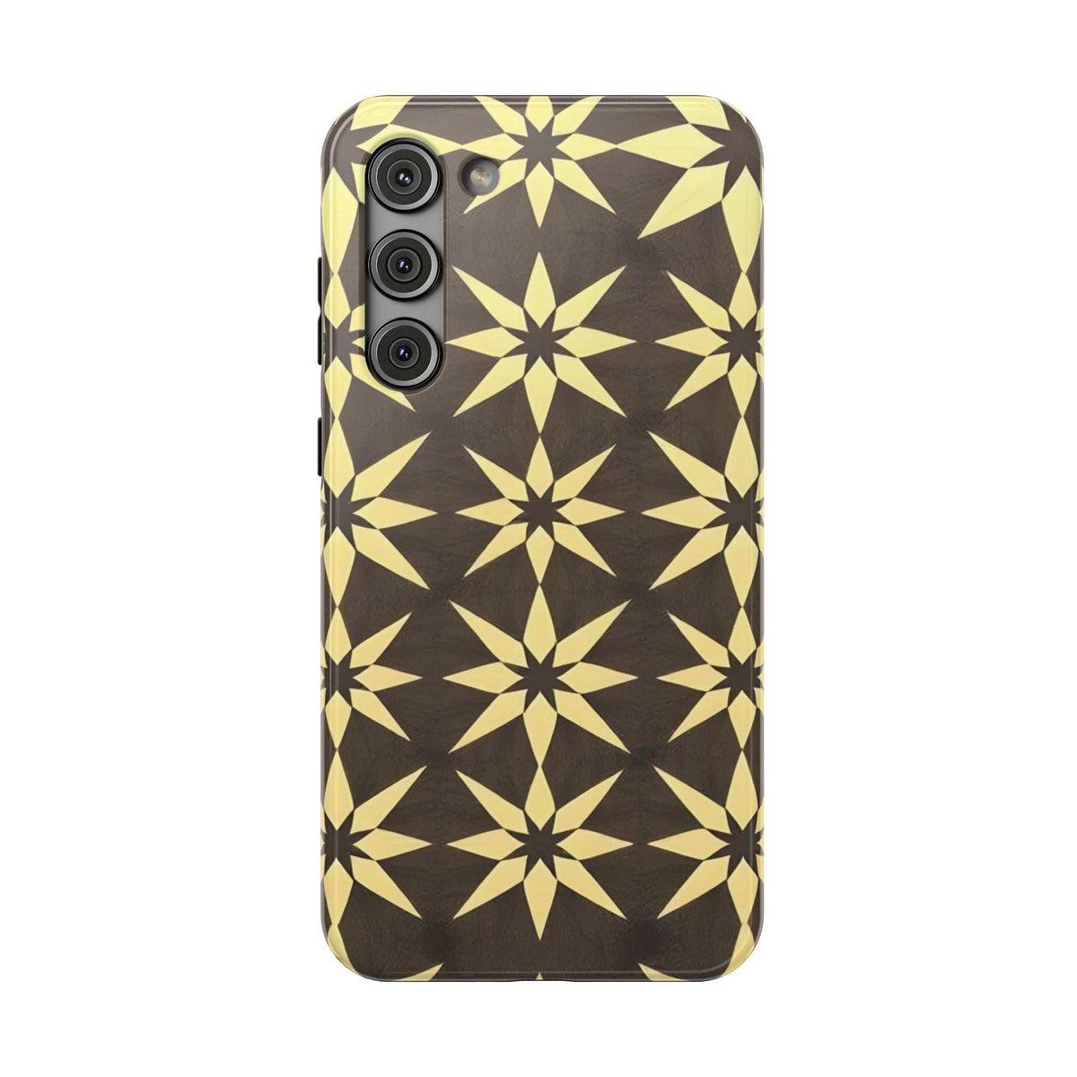 Phone case with geometric star pattern in black and gold; raised camera lenses on left.