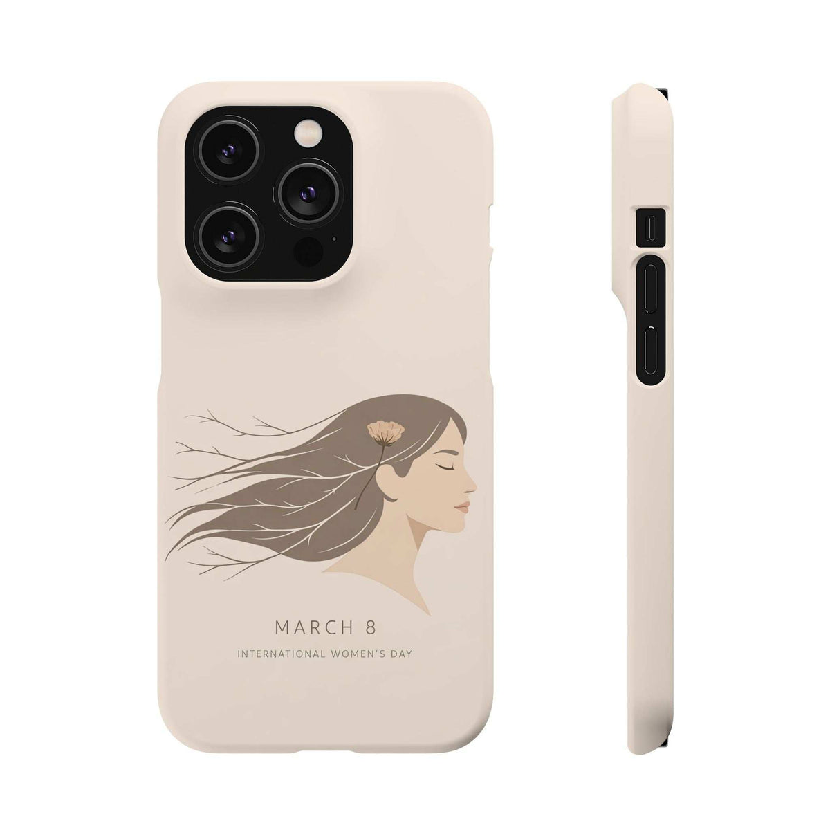 Light pink phone case front with “March 8” profile illustration and flower