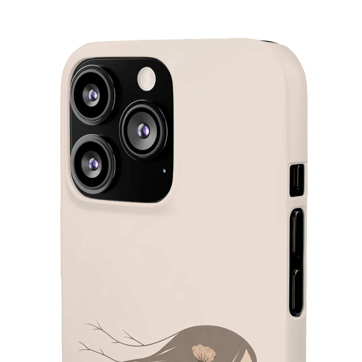 Beige phone case with floral silhouette, triple camera cutout and side button/port openings