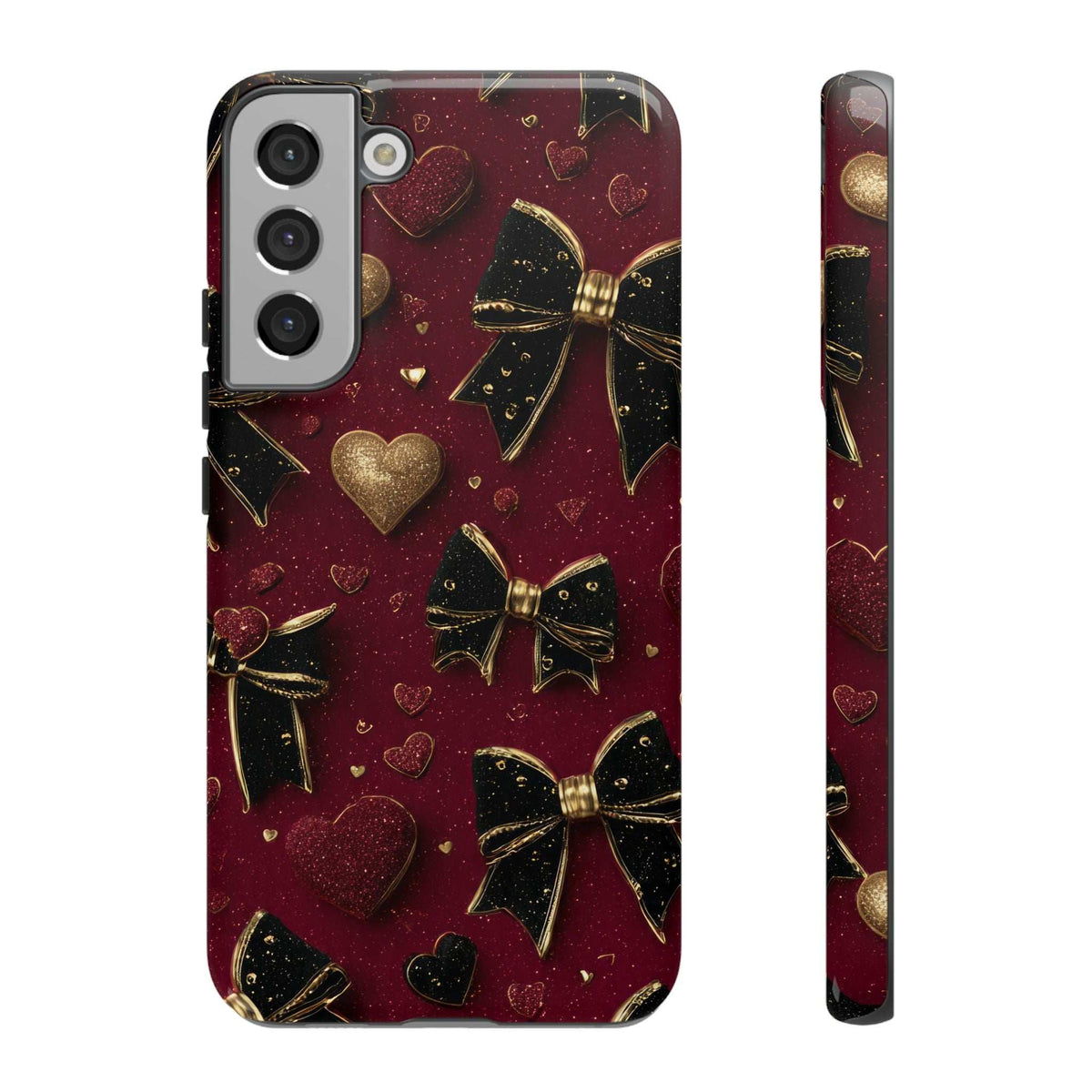 Valentine charm phone case with burgundy glitter hearts and gold bows; glossy finish