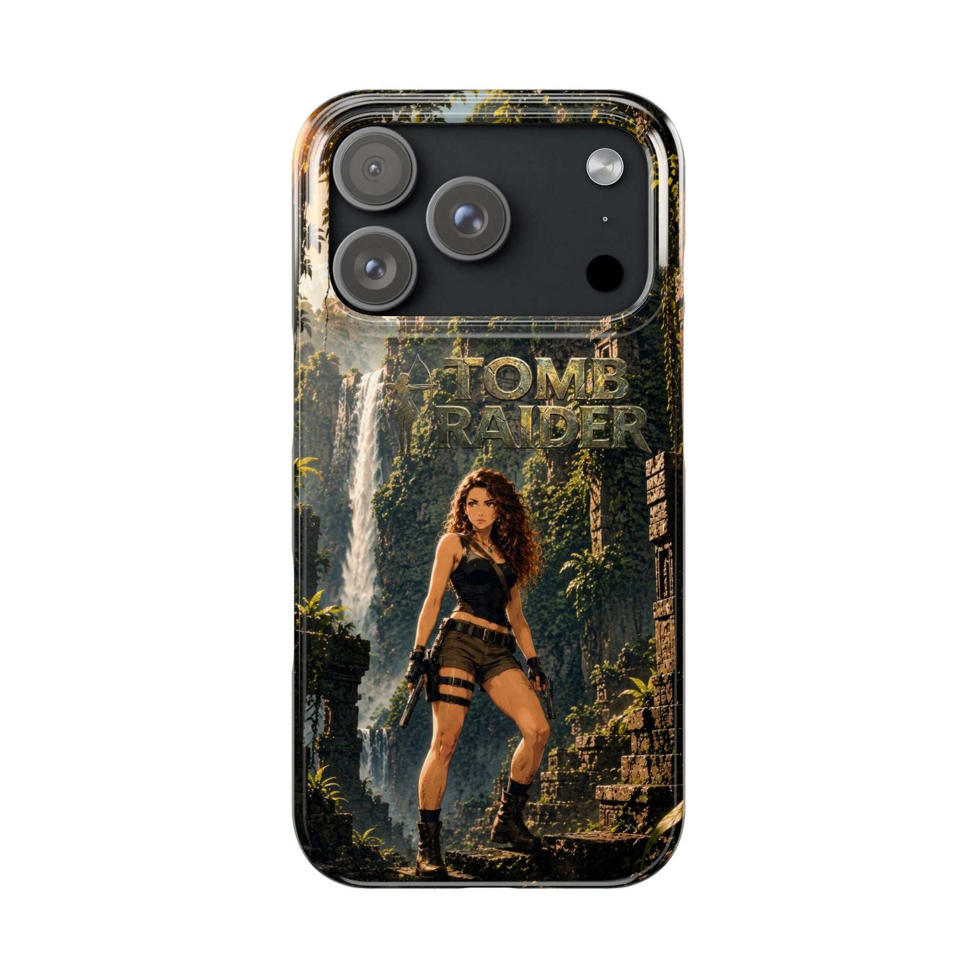 Phone case for iPhone 11–17 with dark back, jungle art, and “TOMB RAIDER” branding