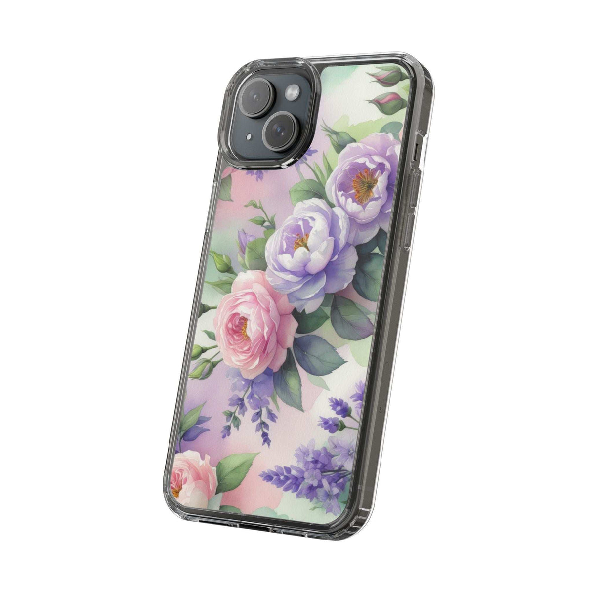 Clear floral phone case front view with soft purple and pink flowers on translucent back