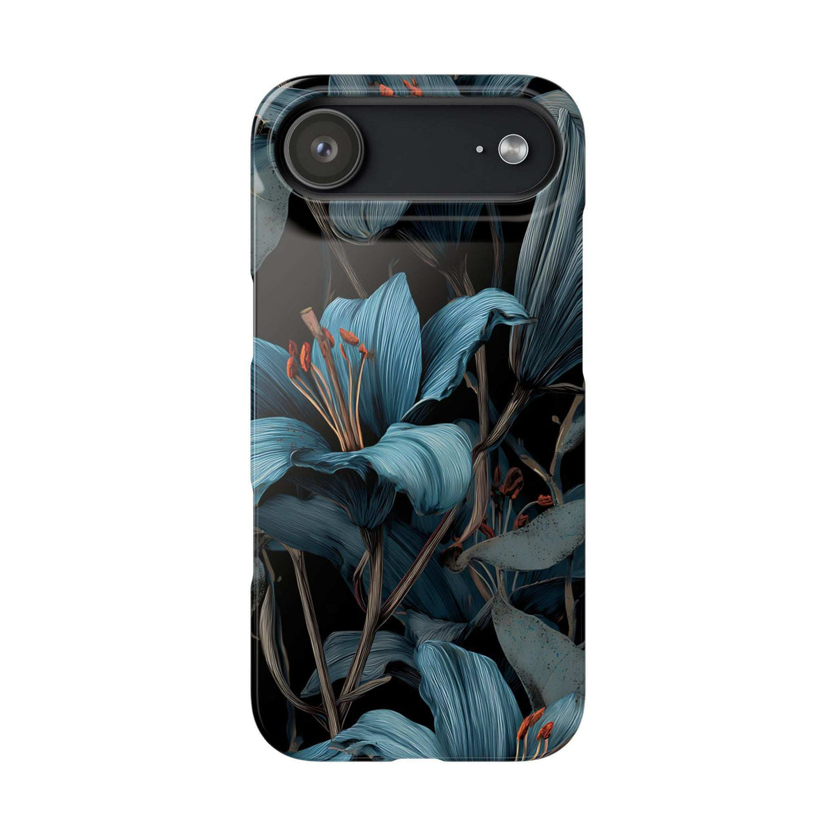Blue botanical phone case with long camera bar and dark floral leaf pattern
