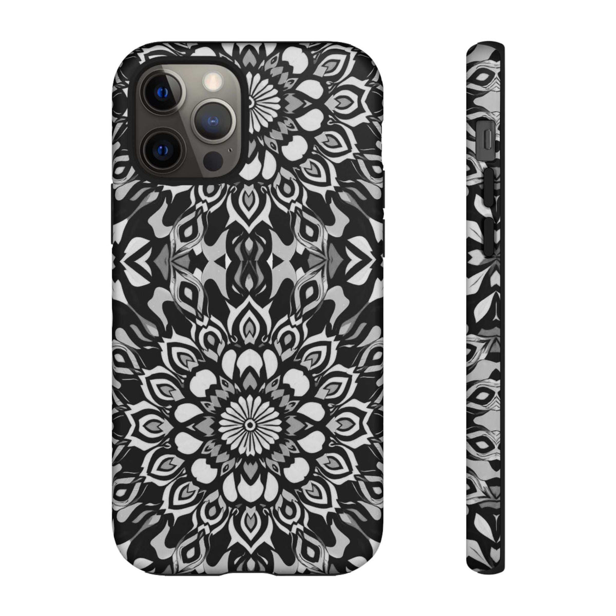 Mandala phone case with black-and-white floral mandala artwork and camera cutouts