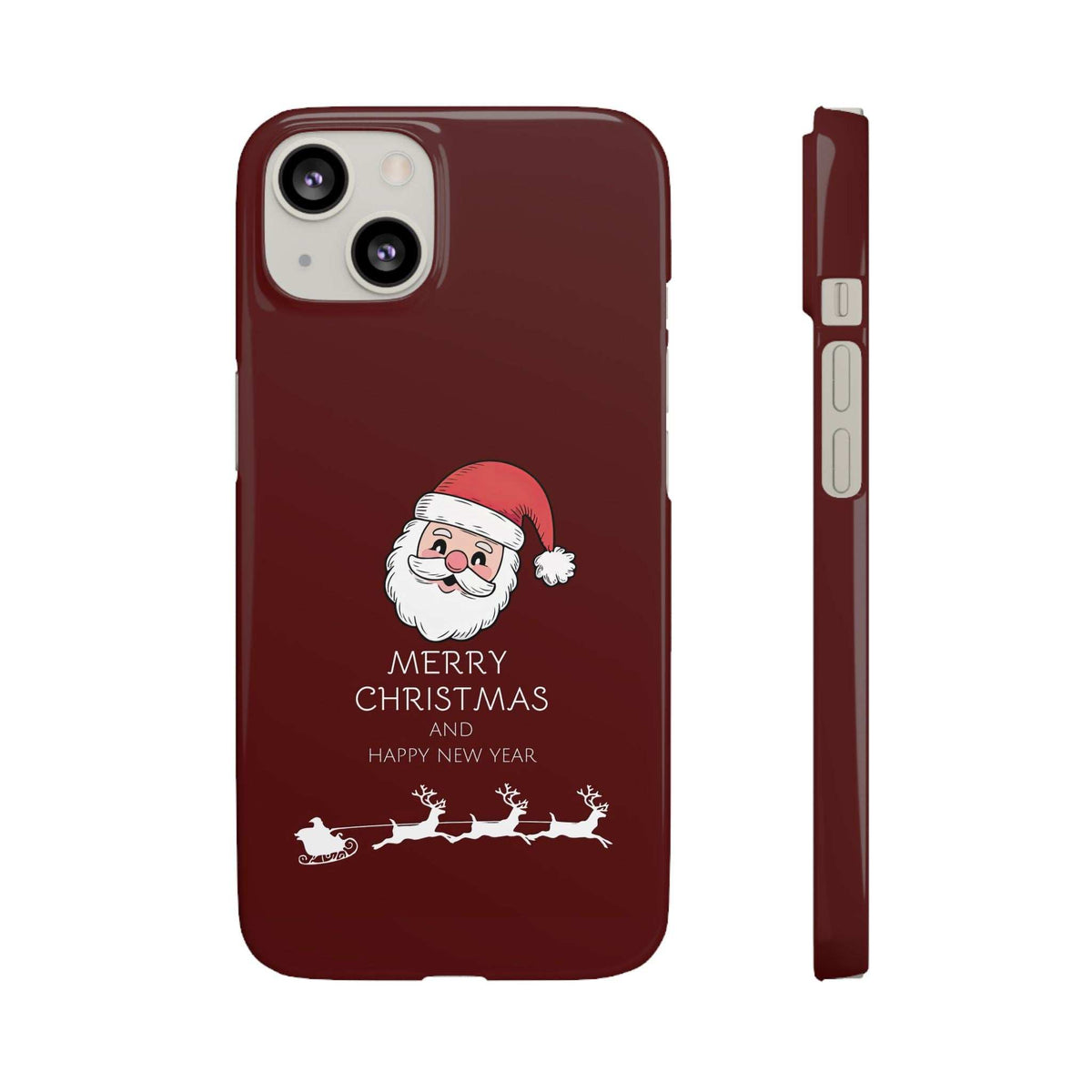 Maroon glossy phone case with Santa and “MERRY CHRISTMAS AND HAPPY NEW YEAR,” side profile