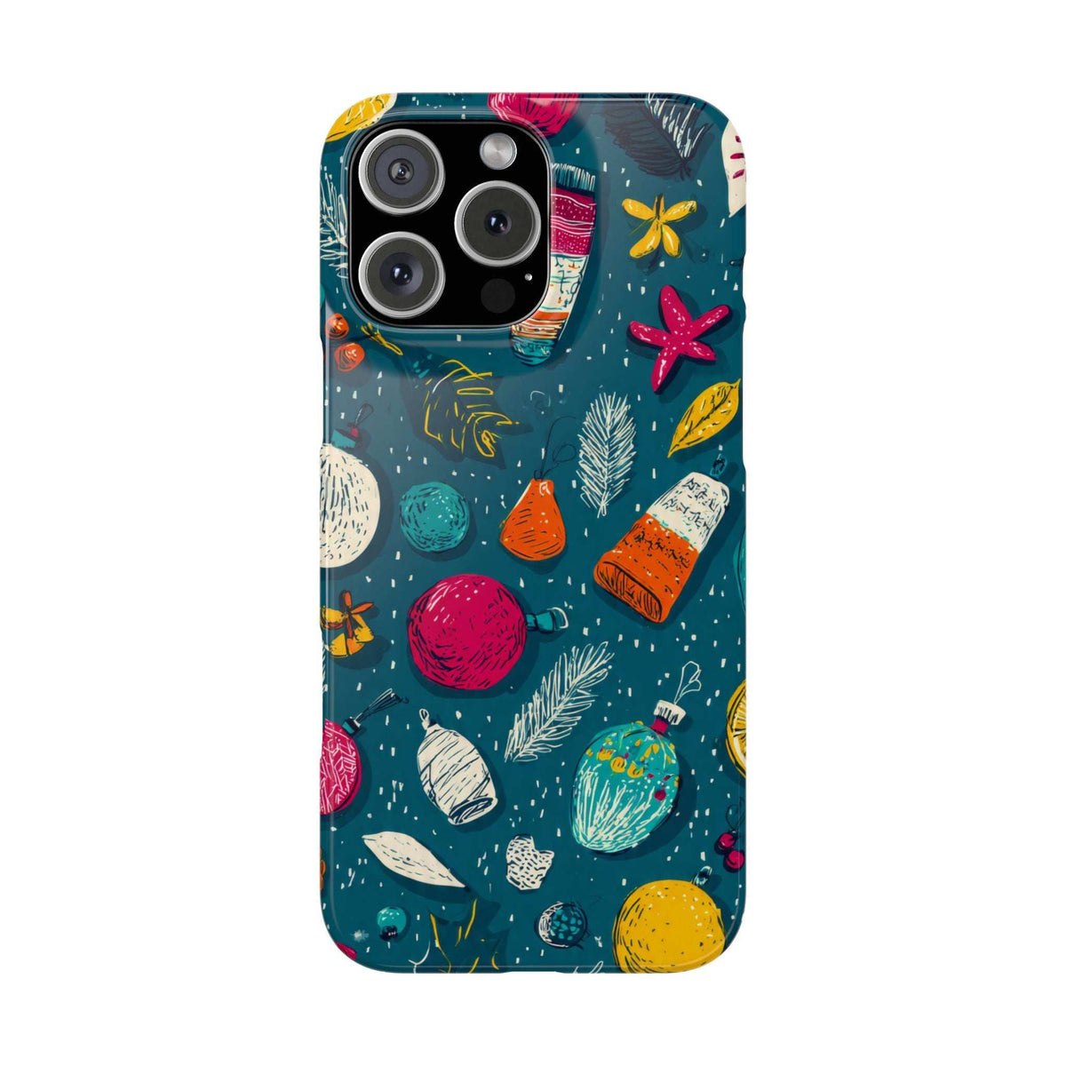 Teal winter phone case featuring colorful holiday baubles and leafy sprays pattern