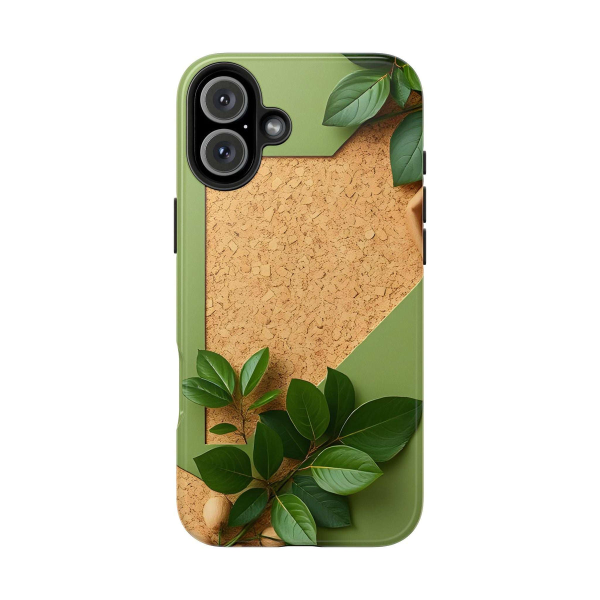 Olive green phone case with cork-look center, green leaves, and lens cutouts