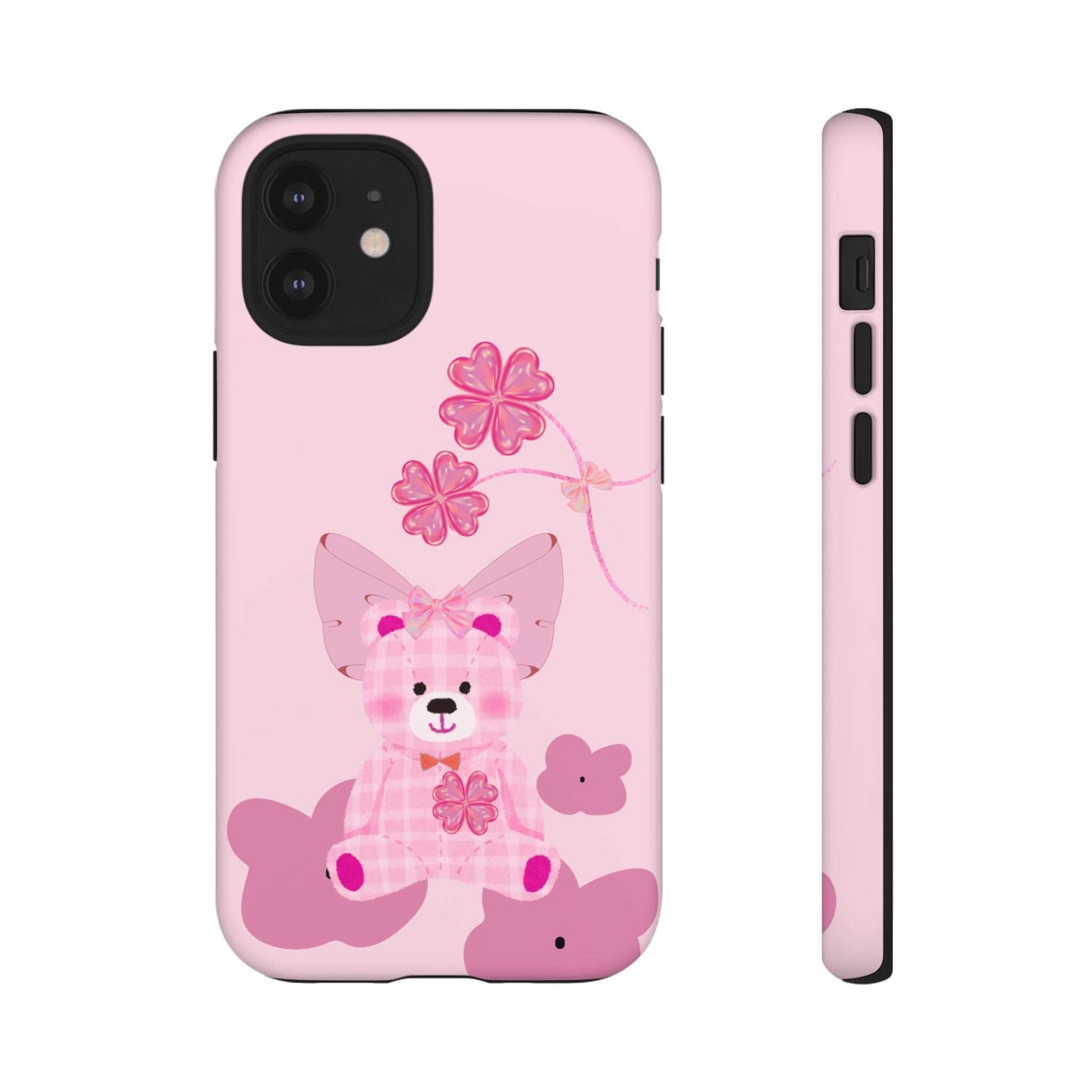 Pink teddy bear phone case with pink flowers; back and side profile with openings.