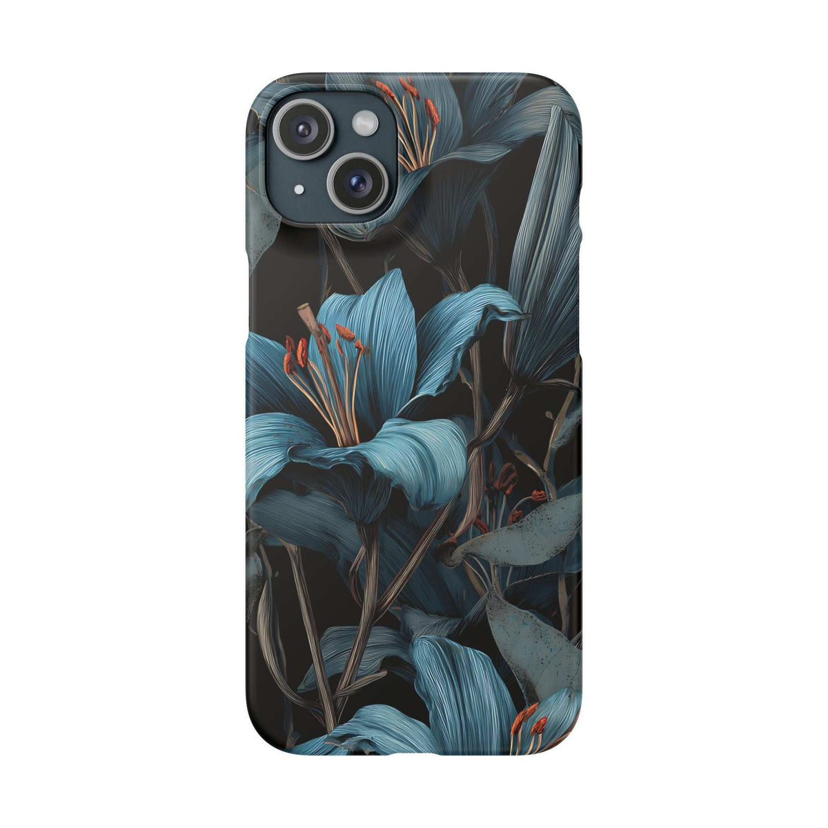 Blue and teal floral phone case with dual-camera cutout and flash opening