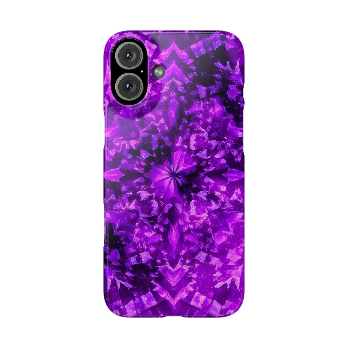 Purple kaleidoscope phone case featuring a symmetrical flower burst pattern