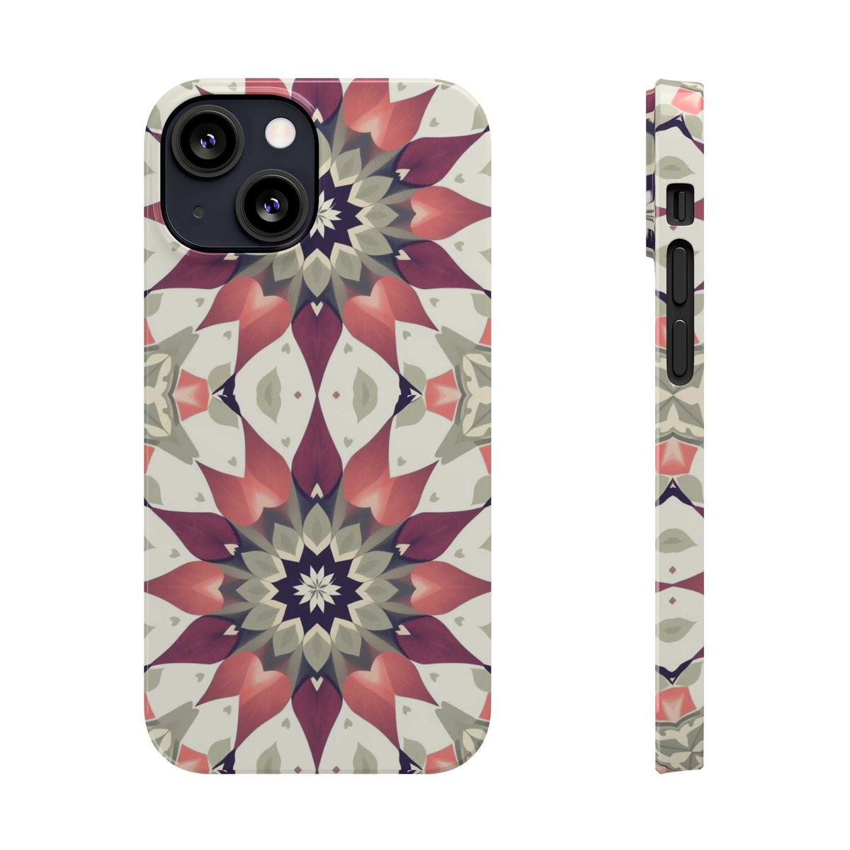 iPhone phone case with burgundy mandala flower pattern and slim side view