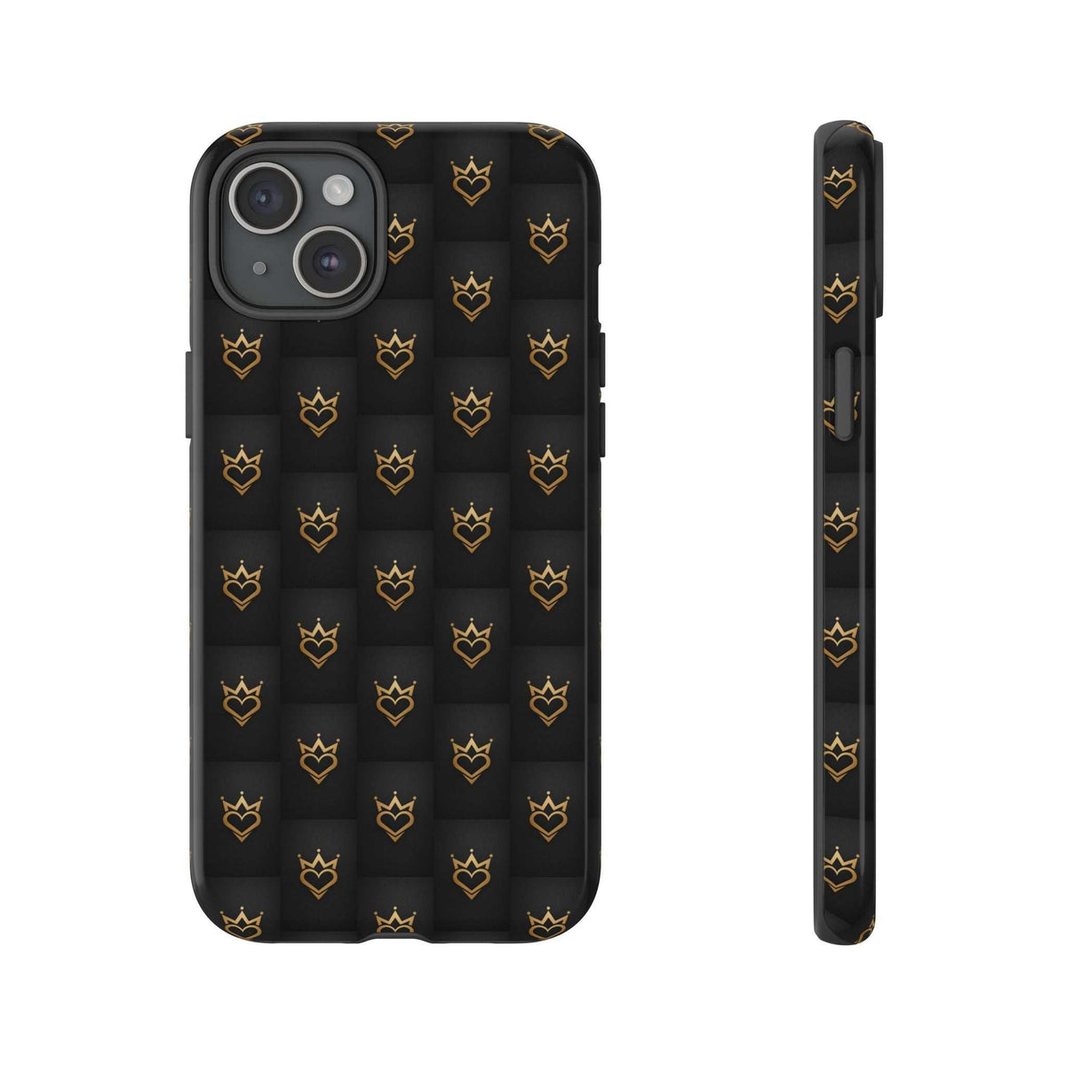 Glossy black phone case with crowned heart doodle pattern, back camera area and side profile