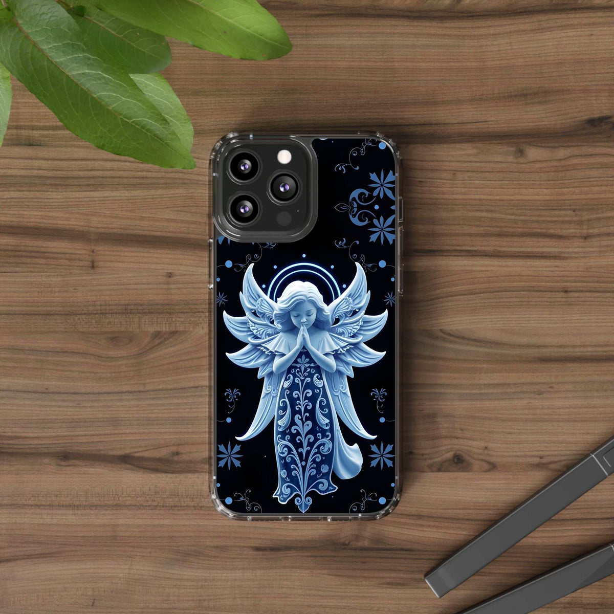 Phone case with blue angel prayer design on a dark background, back view