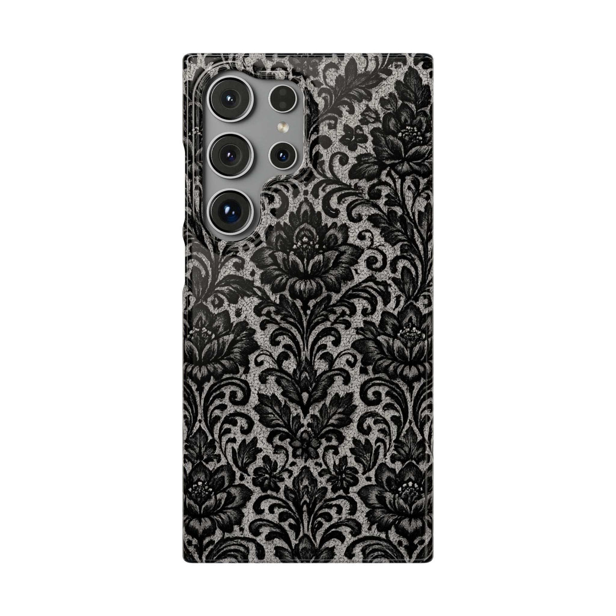 Damask floral phone case, black and gray ornate pattern; quad camera cutout and flash