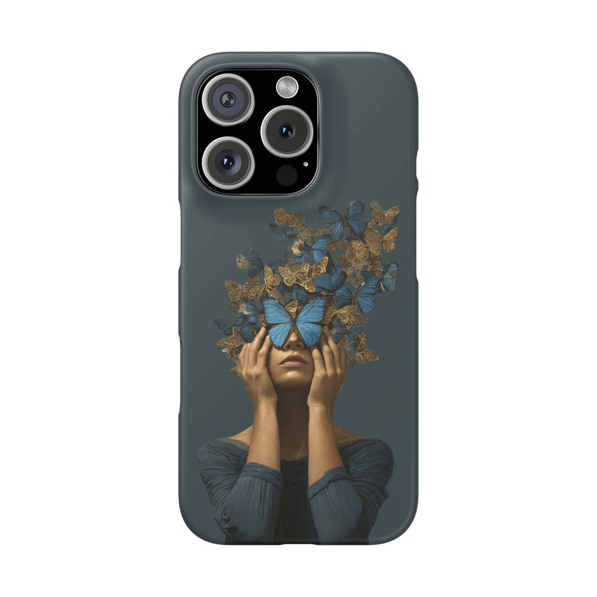 Dark gray phone case with butterfly crown portrait and quad-camera cutout