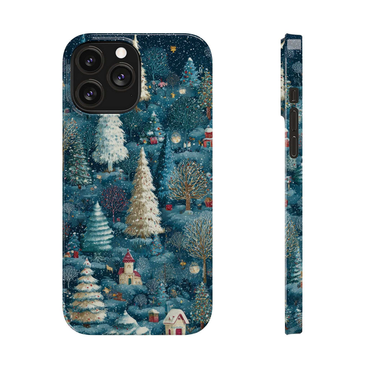 Frosty forest phone case with teal winter forest and snowy trees; black camera cutouts