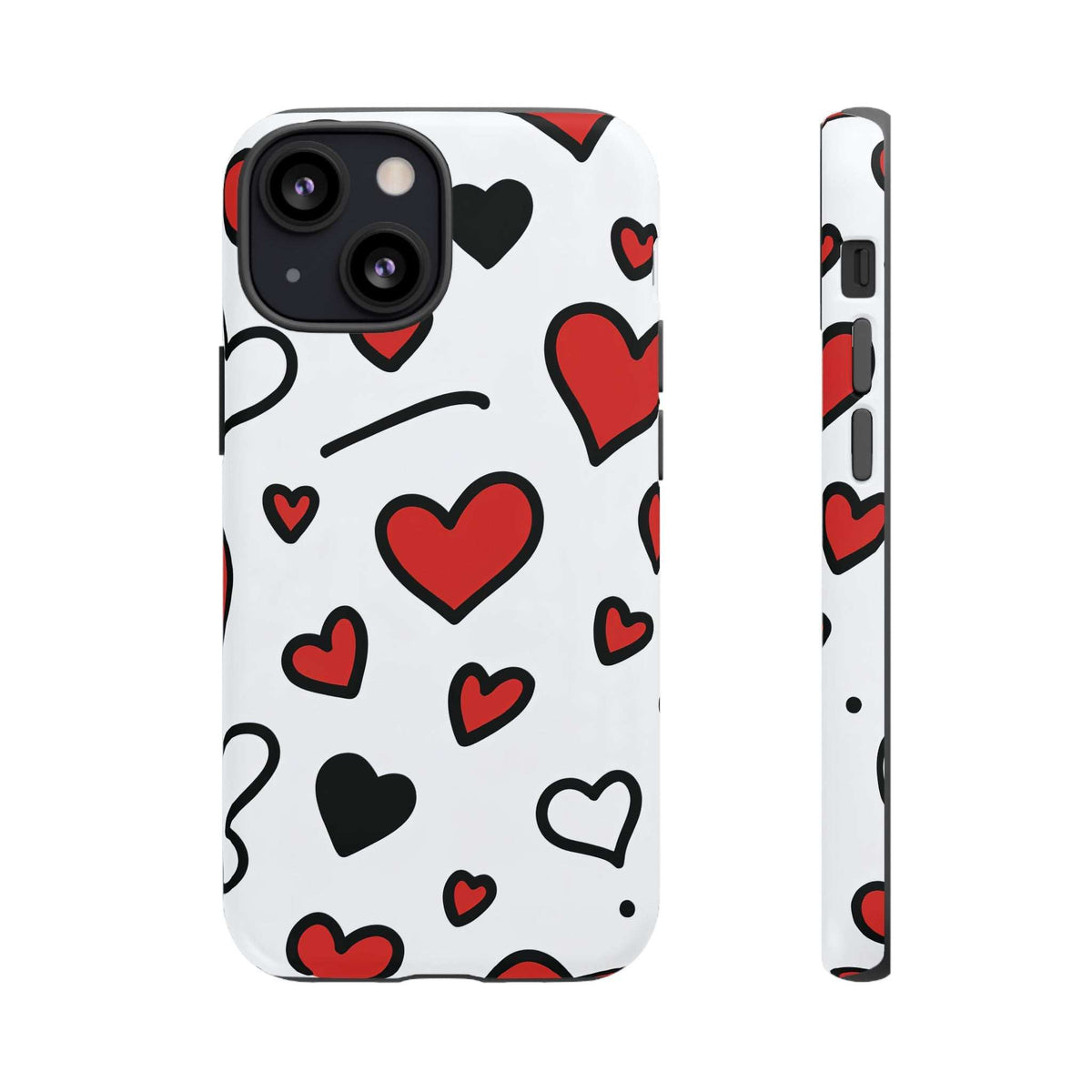 Phone case with scattered heart shapes in red, black, and white with camera cutout.