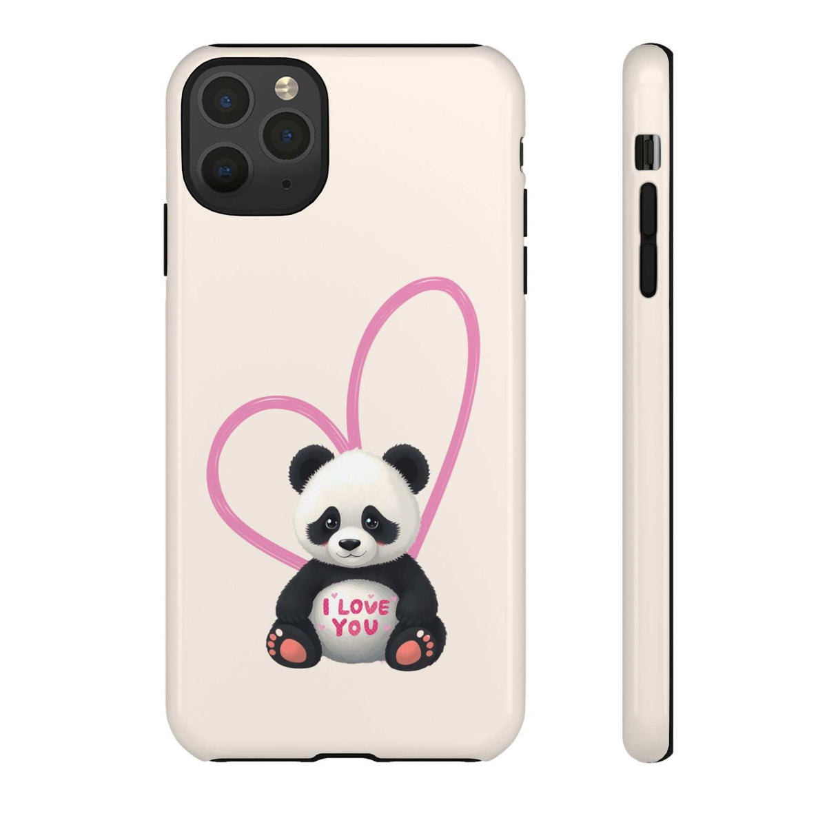 Beige phone case with panda in a pink heart and “I LOVE YOU” text; front back and side