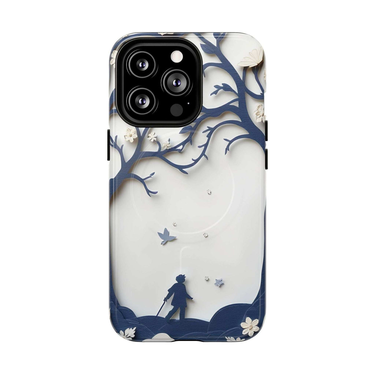 Phone case back with blue nature silhouette print, tree branches and stars, camera module