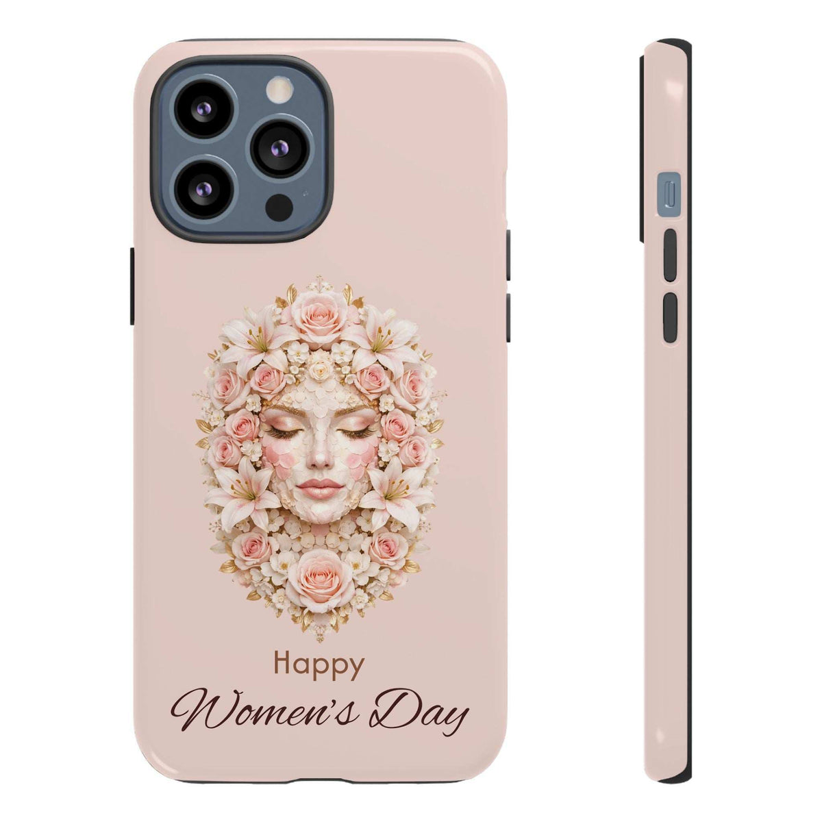 Pink phone case with floral woman portrait, “Happy Women’s Day” text; camera cutout visible.