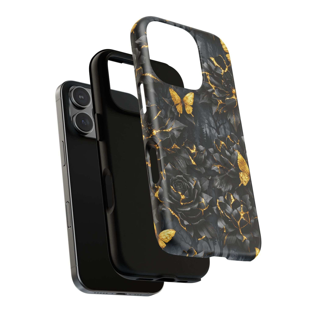 Black phone case showing gold crackle floral pattern with roses, butterflies, and edges.