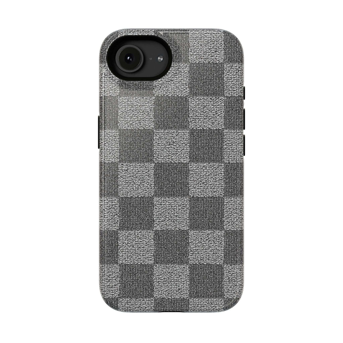 Gray checkered phone case with textured fabric and dual-lens camera opening on back.