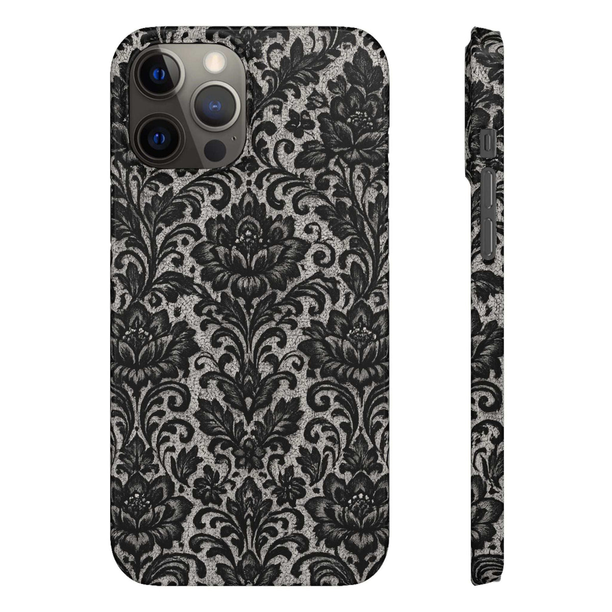 Black damask floral phone case showing front camera cutouts and detailed damask pattern