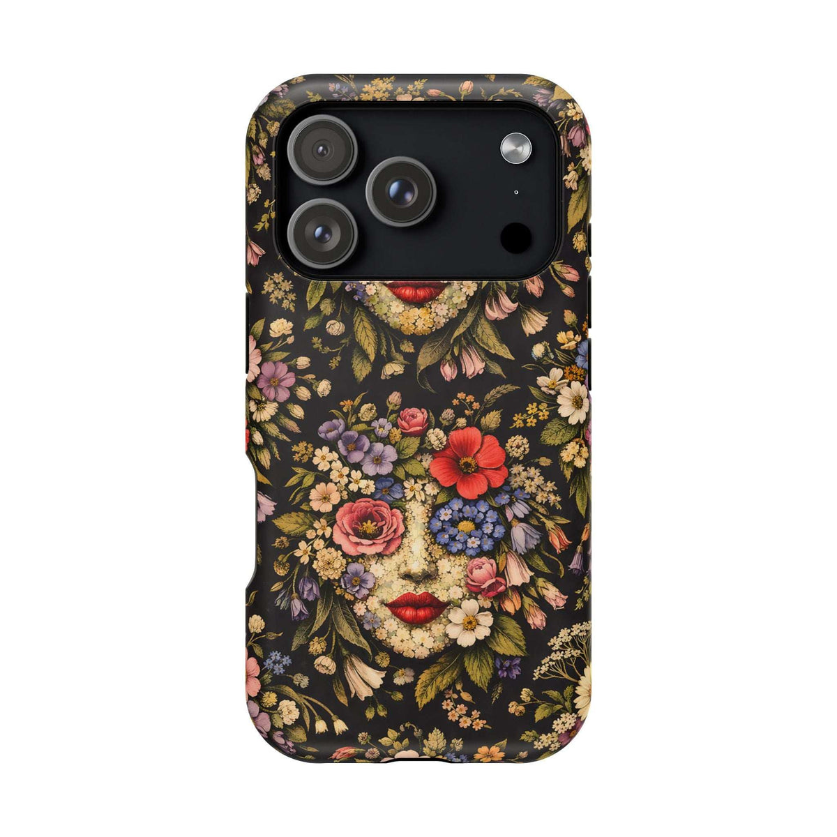 Black floral face phone case with red lips, back camera bar and flash, detailed flower bouquet