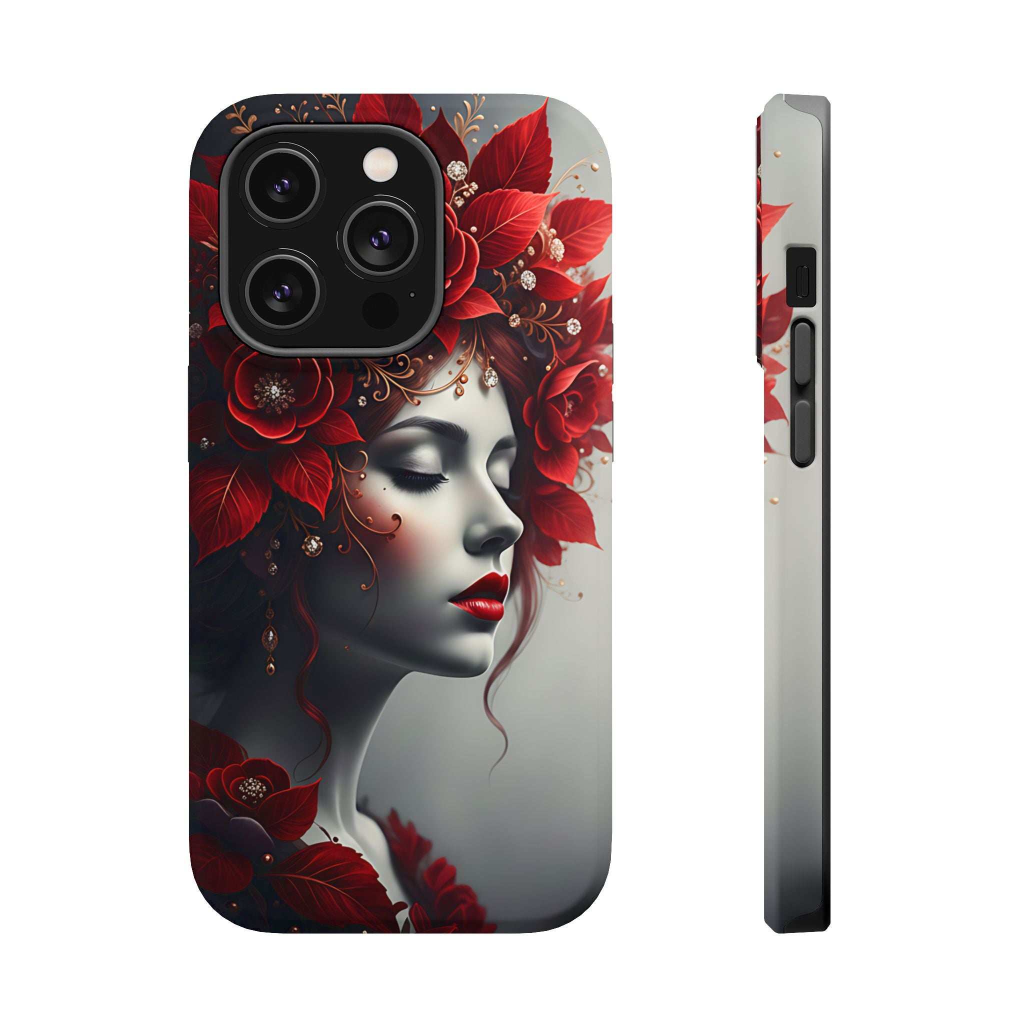 Front and side phone case view with red rose floral portrait on dark background